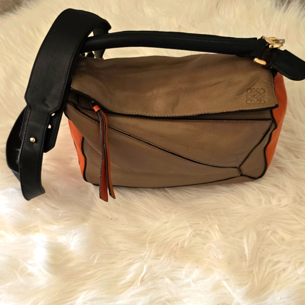 Authentic Lowe Puzzle Brown and Orange Leather Shoulder Bag